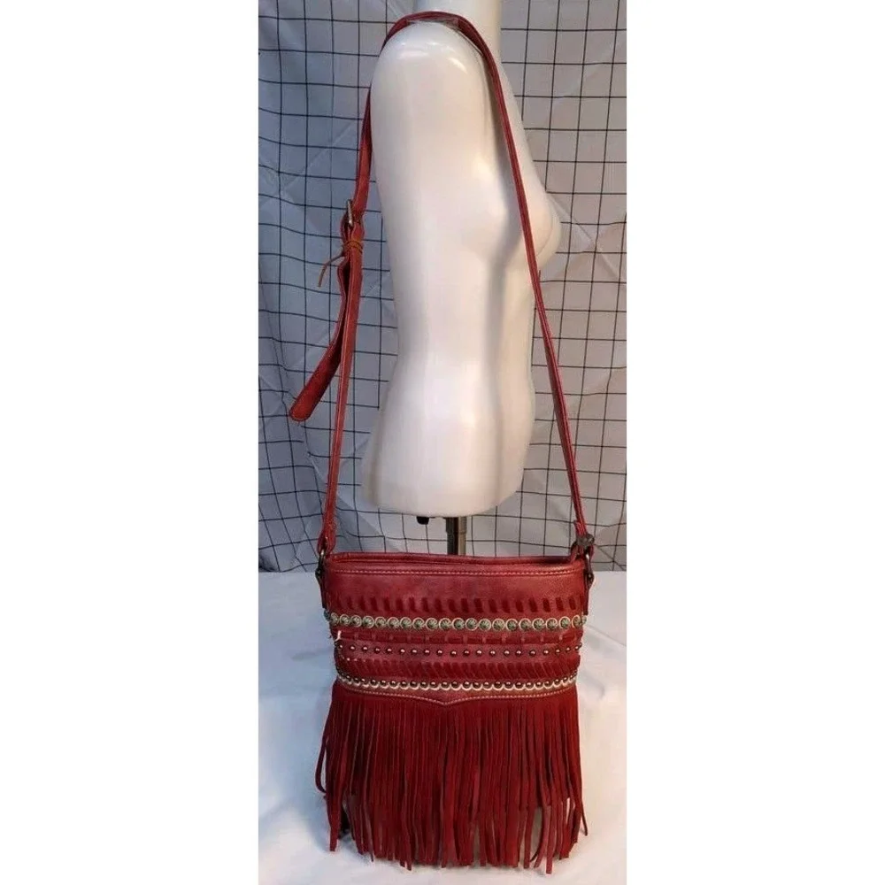 P&G/Carry & Conceal Fringe Crossbody/Shoulder Bag ~ Red/Western Studded/Boho